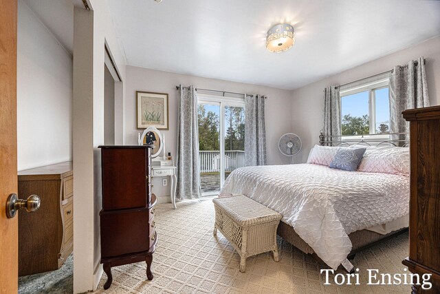 carpeted bedroom featuring multiple windows and access to outside