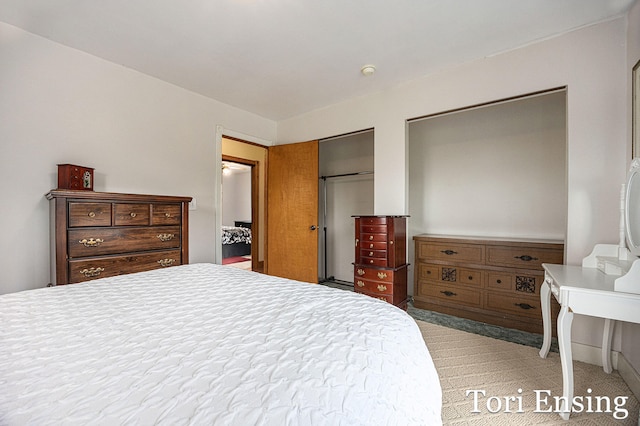 bedroom with light carpet and two closets