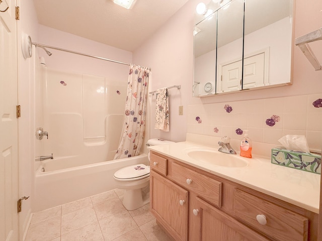 full bathroom featuring backsplash, tile patterned floors, vanity, shower / tub combo with curtain, and toilet