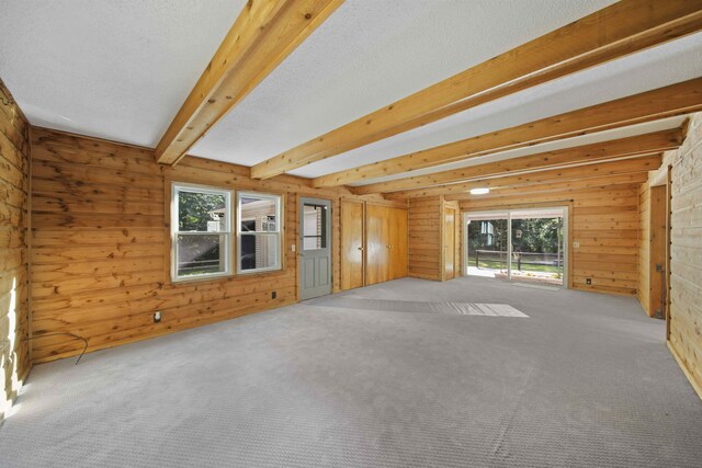 carpeted spare room featuring wood walls, a wealth of natural light, and beam ceiling