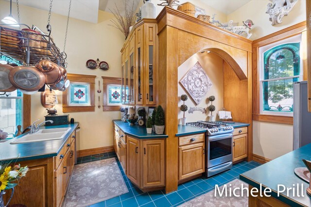 kitchen featuring stainless steel appliances, sink, and dark tile patterned flooring