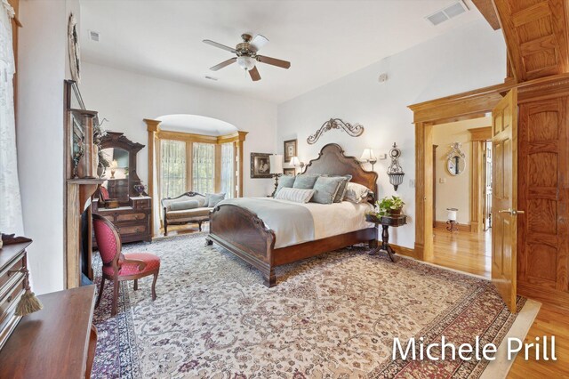 bedroom featuring wood-type flooring and ceiling fan