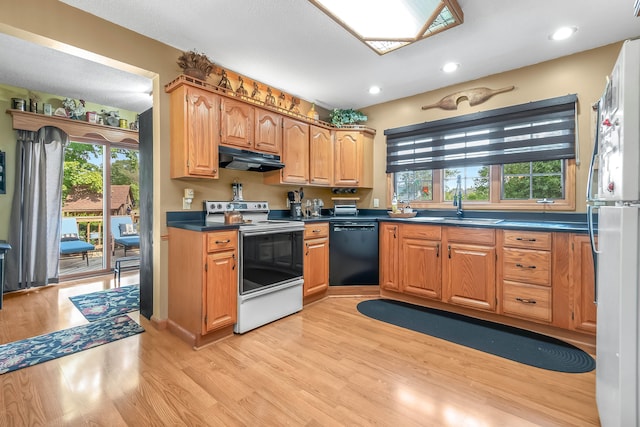 kitchen with light wood-type flooring, white appliances, and sink