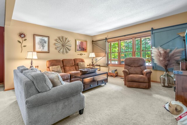 living room featuring a textured ceiling, a barn door, and carpet floors