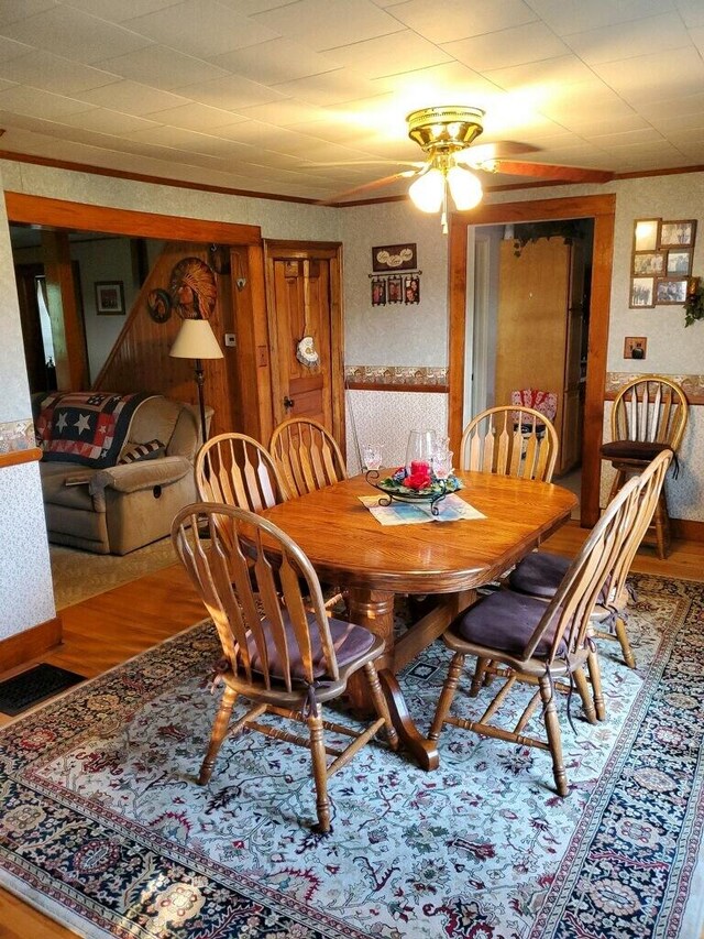 dining space featuring hardwood / wood-style floors and ceiling fan