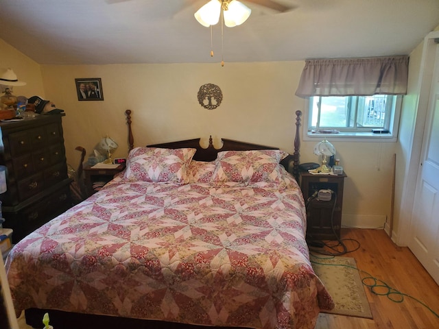 bedroom featuring ceiling fan and light wood-type flooring