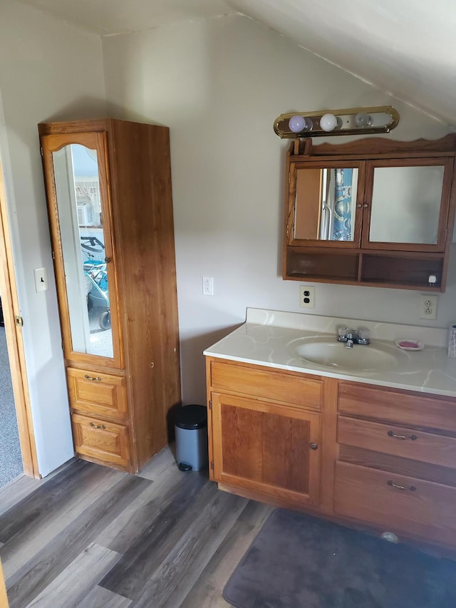 bathroom with lofted ceiling, vanity, and wood-type flooring