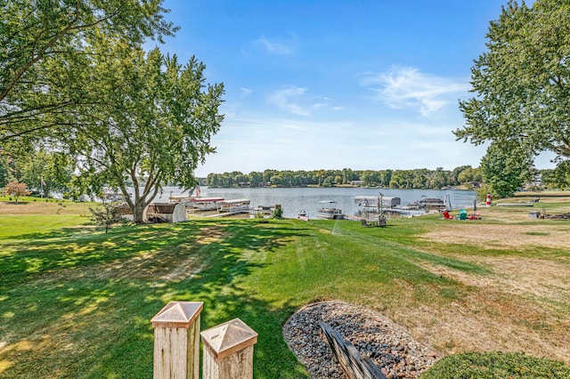 view of yard with a boat dock and a water view