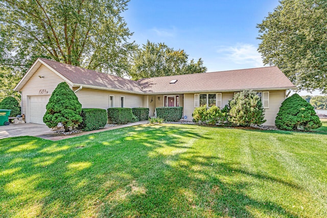 single story home featuring a garage and a front yard