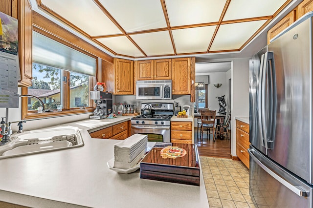 kitchen featuring stainless steel appliances, light hardwood / wood-style floors, kitchen peninsula, and sink