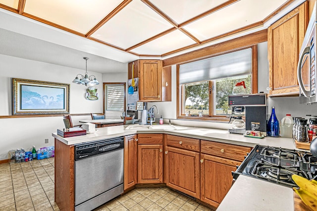 kitchen featuring kitchen peninsula, light tile patterned floors, pendant lighting, stainless steel appliances, and sink