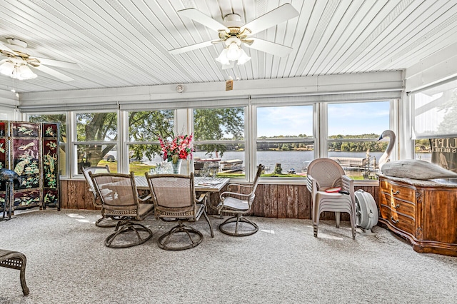 sunroom / solarium featuring a water view, ceiling fan, and wooden ceiling