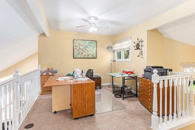 home office with lofted ceiling with beams, light colored carpet, and ceiling fan