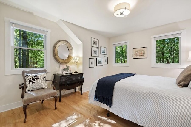 bedroom featuring light hardwood / wood-style flooring and multiple windows