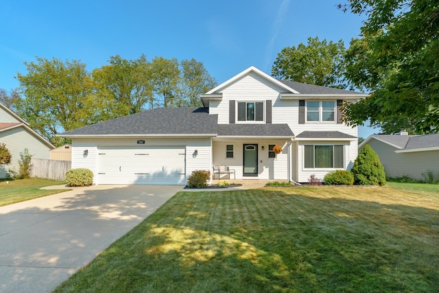 view of property featuring a porch, a front yard, and a garage