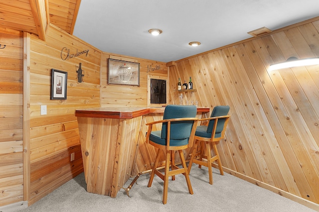 bar with light carpet and wooden walls