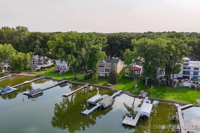 drone / aerial view featuring a water view