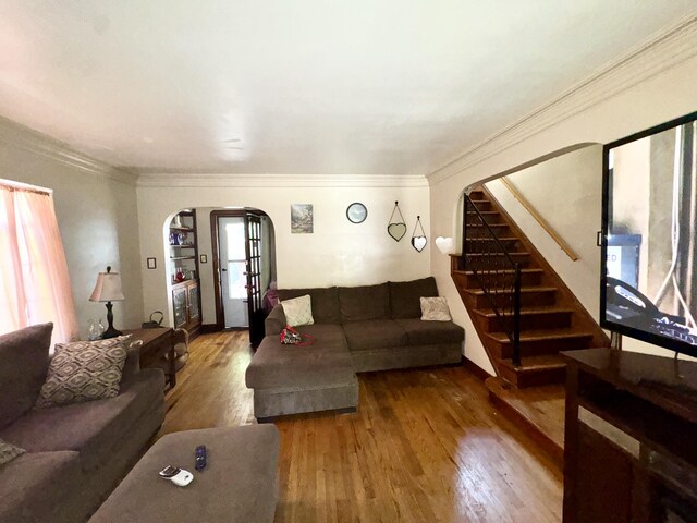 living room featuring hardwood / wood-style flooring and crown molding