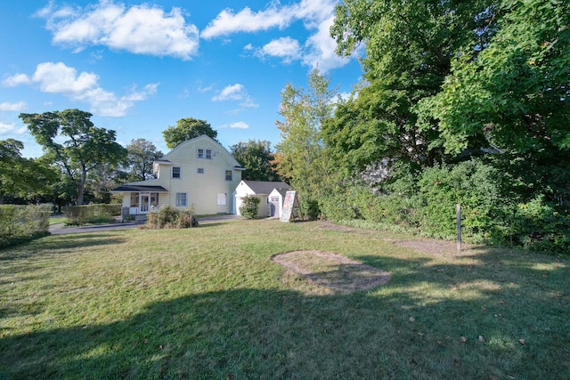 view of yard featuring a storage unit