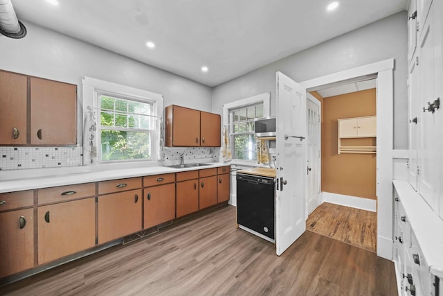 kitchen featuring backsplash, dishwasher, sink, and light hardwood / wood-style flooring