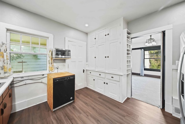 kitchen featuring white cabinets, dishwasher, dark hardwood / wood-style flooring, and wooden counters