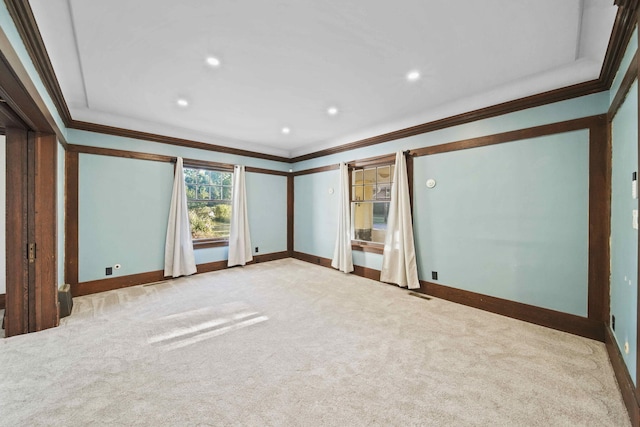 carpeted spare room featuring ornamental molding