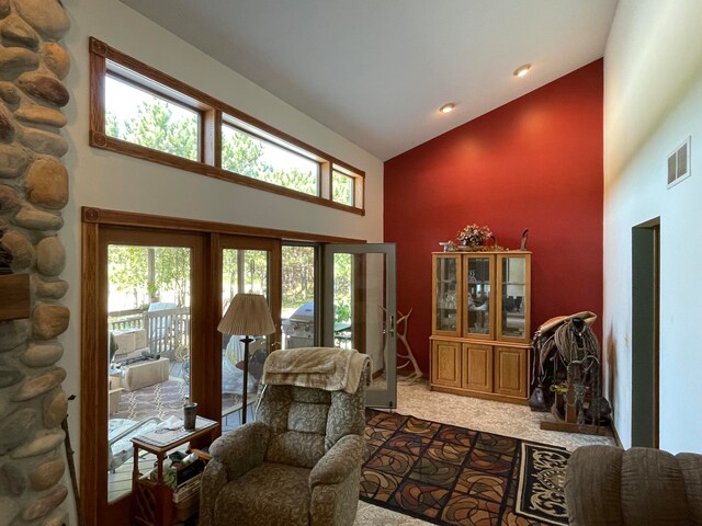 living room with carpet and high vaulted ceiling