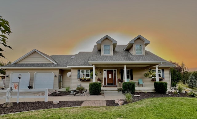 new england style home with a garage, covered porch, and a lawn