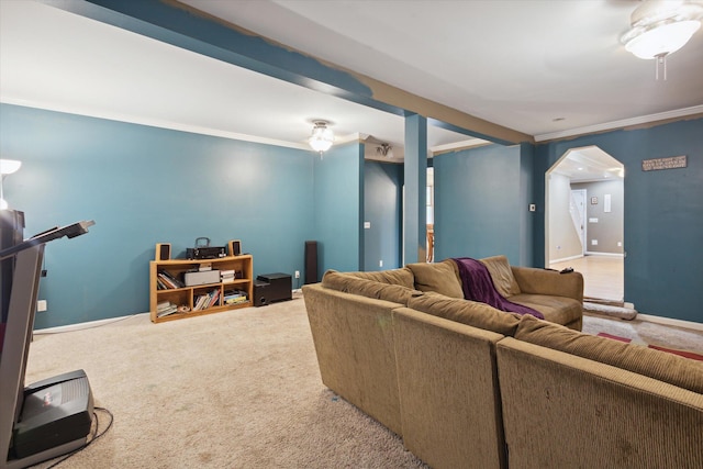 living room featuring crown molding and carpet