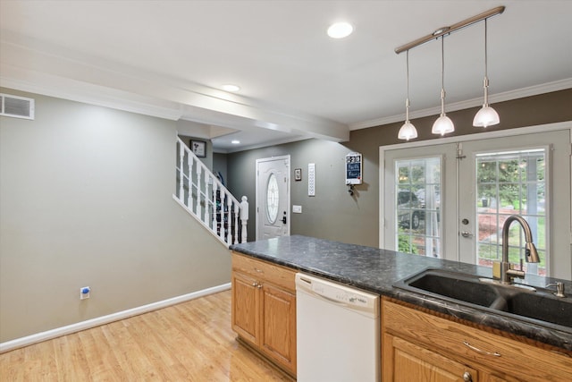 kitchen with white dishwasher, light hardwood / wood-style flooring, decorative light fixtures, sink, and ornamental molding