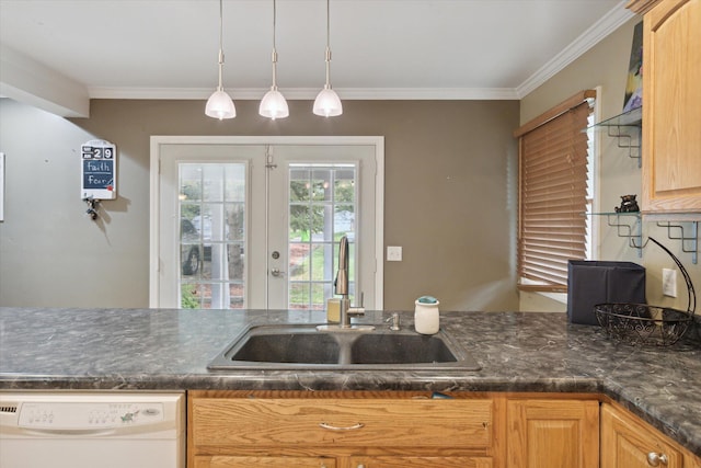 kitchen featuring white dishwasher, pendant lighting, french doors, ornamental molding, and sink