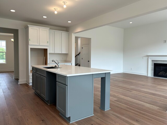 kitchen with a kitchen island with sink, sink, hardwood / wood-style flooring, white cabinets, and gray cabinets