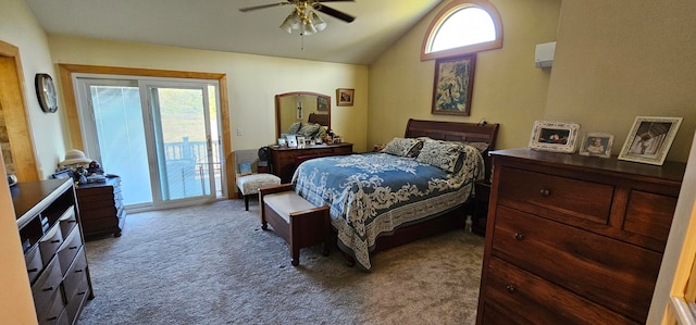 bedroom with access to exterior, carpet, multiple windows, and ceiling fan