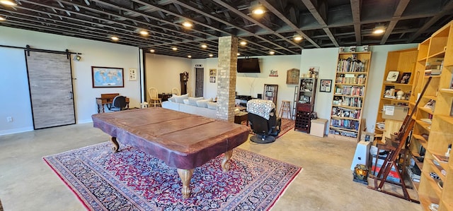 playroom featuring a barn door and billiards