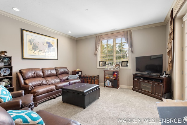 living room featuring light carpet and crown molding