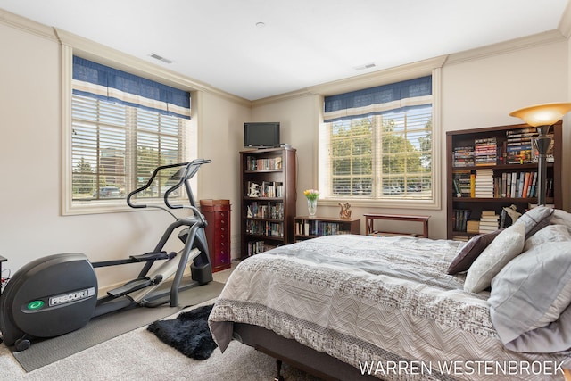 carpeted bedroom with ornamental molding and multiple windows