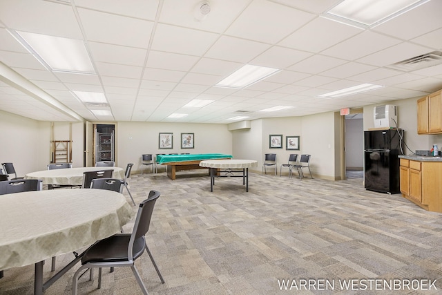 playroom featuring billiards, light colored carpet, and a paneled ceiling