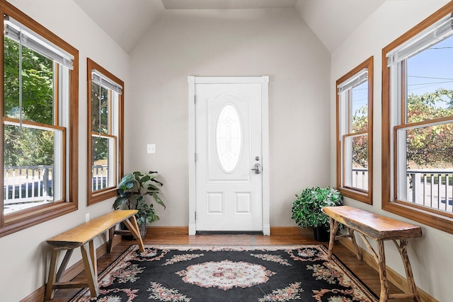 entryway featuring vaulted ceiling and hardwood / wood-style flooring