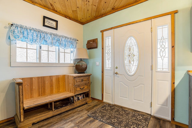 entryway with wood ceiling, dark wood-type flooring, and a wealth of natural light