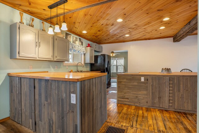 kitchen with ceiling fan, pendant lighting, wood ceiling, dark wood-type flooring, and butcher block counters