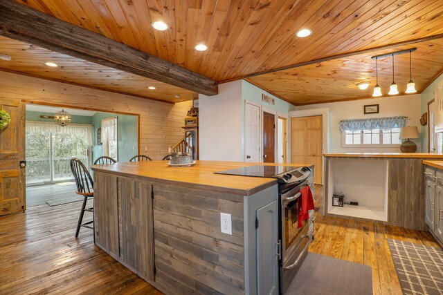 kitchen featuring plenty of natural light, wood walls, hardwood / wood-style flooring, and stainless steel electric stove