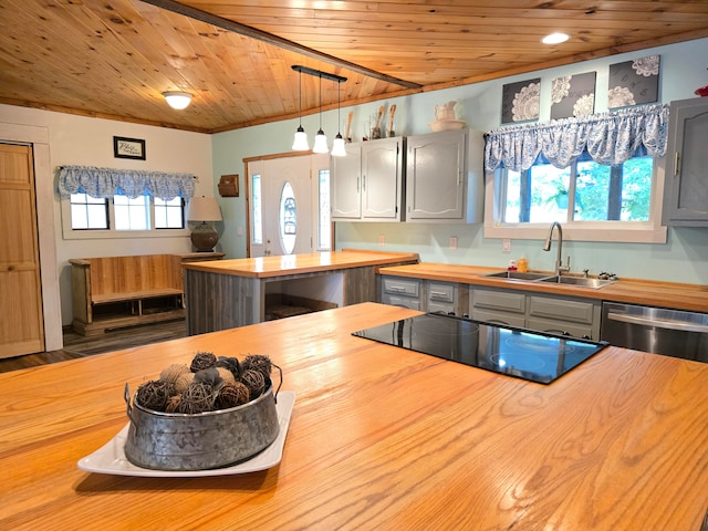 kitchen featuring wood ceiling, hanging light fixtures, sink, gray cabinets, and butcher block counters