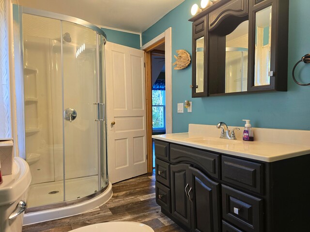 bathroom featuring vanity, hardwood / wood-style floors, and a shower with shower door