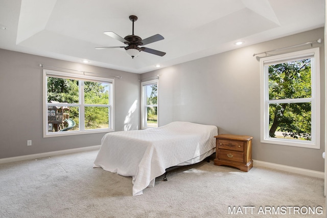 bedroom featuring light carpet, a raised ceiling, and ceiling fan