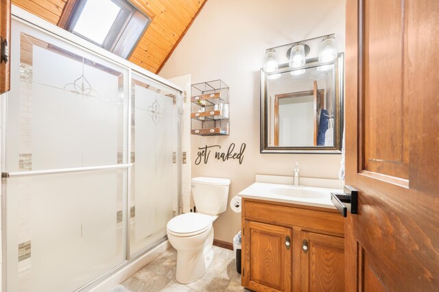 bathroom featuring vanity, wood ceiling, a shower with shower door, and toilet