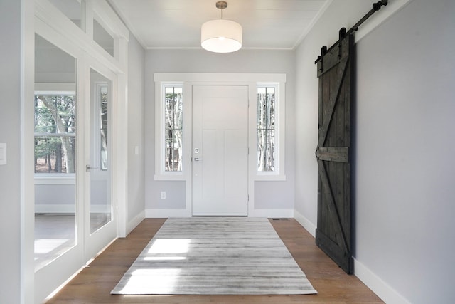 foyer featuring dark wood-type flooring, a barn door, and a healthy amount of sunlight