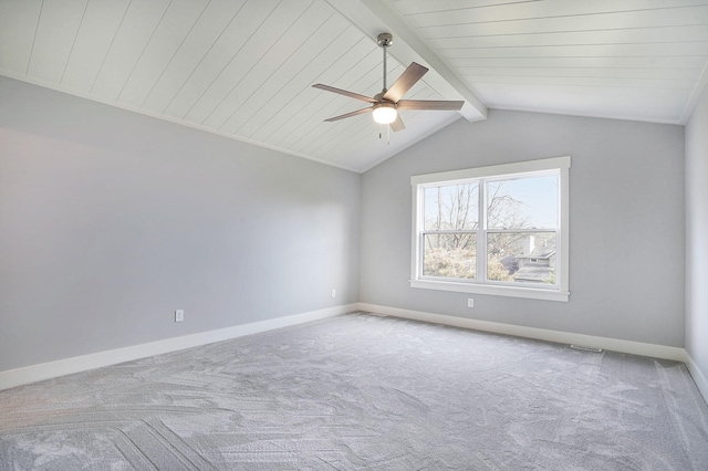 carpeted empty room with ceiling fan, lofted ceiling with beams, and wooden ceiling