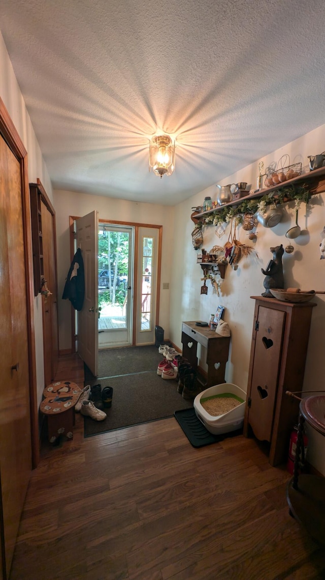 miscellaneous room with dark hardwood / wood-style flooring and a textured ceiling