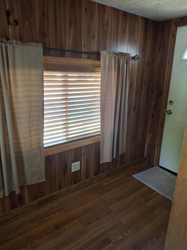 interior space featuring a textured ceiling, wood walls, and dark hardwood / wood-style floors