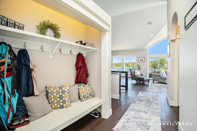 mudroom with baseboards, lofted ceiling, recessed lighting, and dark wood-style flooring